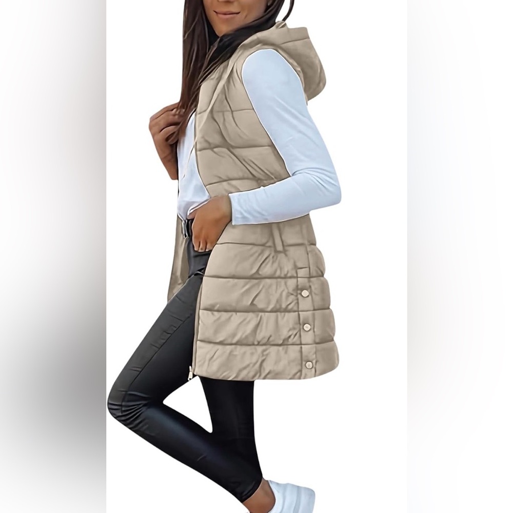 Long Lightweight Ivory Hooded Puffer Vest Size XXL